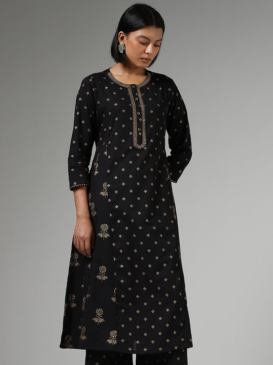 Utsa Black Zari Embroidered and Printed A-Line Kurta