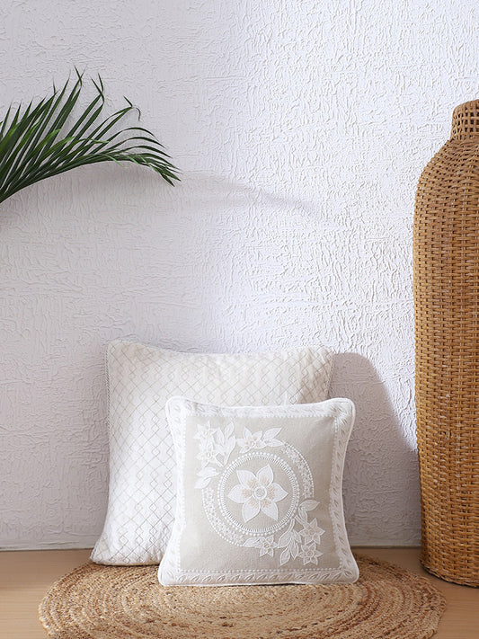 Westside Home Beige Mandala Embroidered Cushion Cover