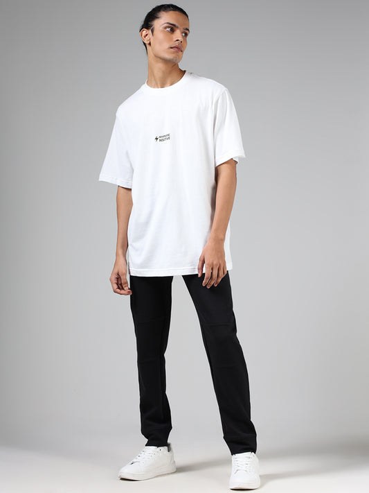 Studiofit Off White Typographic Printed Cotton Relaxed-Fit T-Shirt
