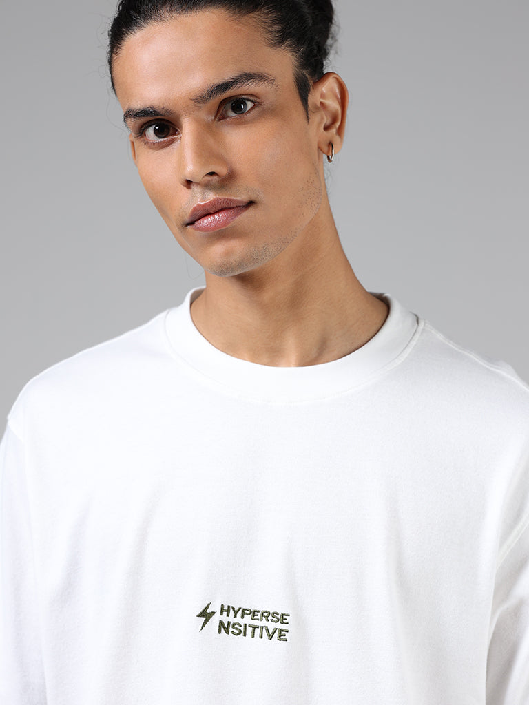 Studiofit Off White Typographic Printed Cotton Relaxed Fit T-Shirt