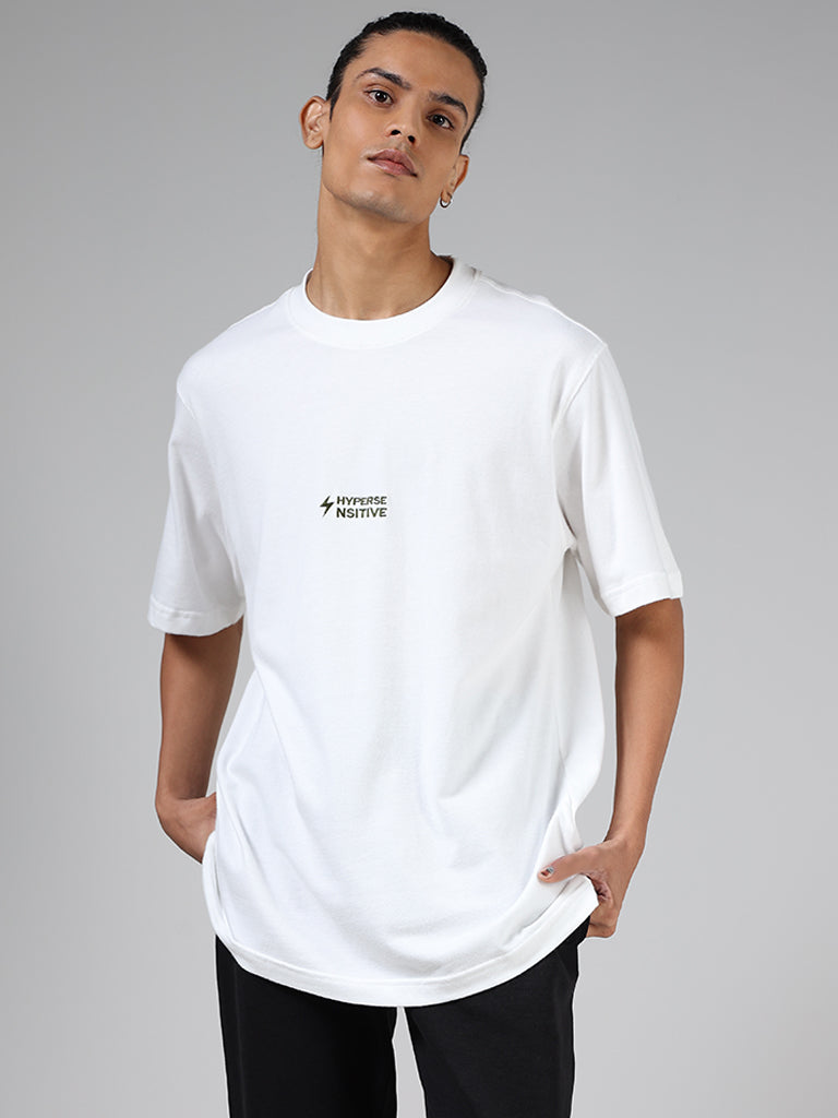 Studiofit Off White Typographic Printed Cotton Relaxed Fit T-Shirt