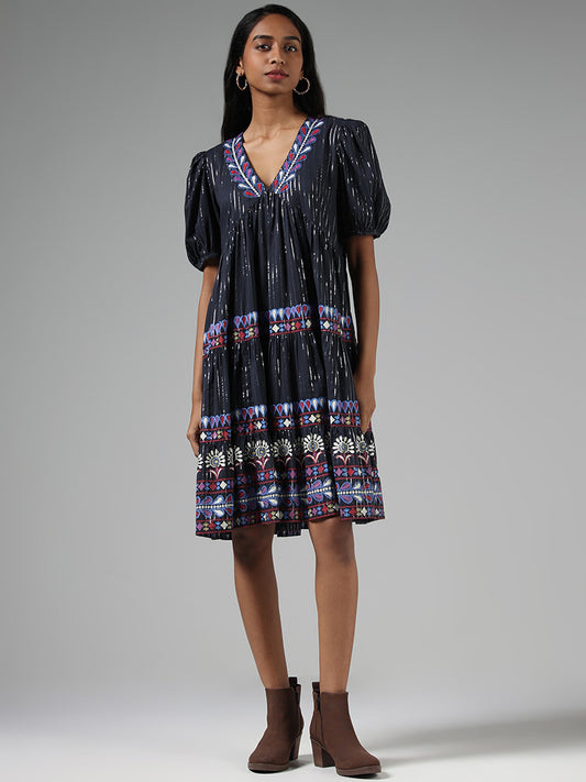 Bombay Paisley Abstract Embroidered Black Dress