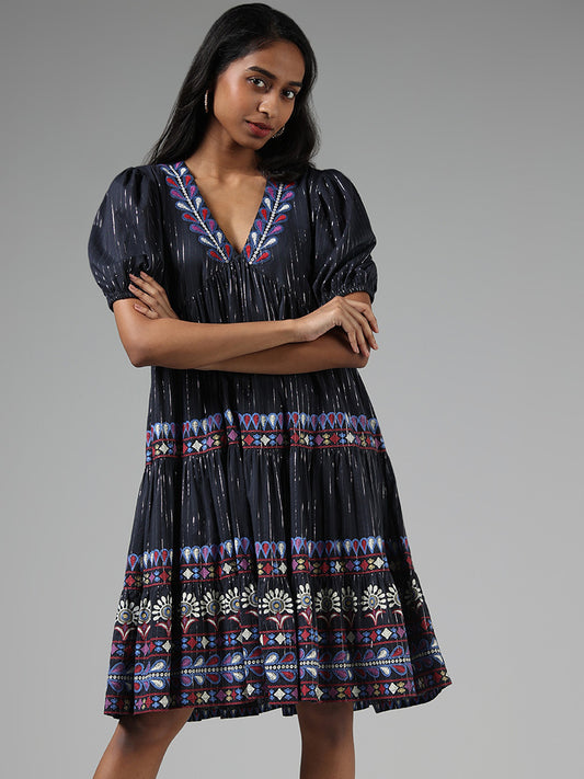 Bombay Paisley Abstract Embroidered Black Dress