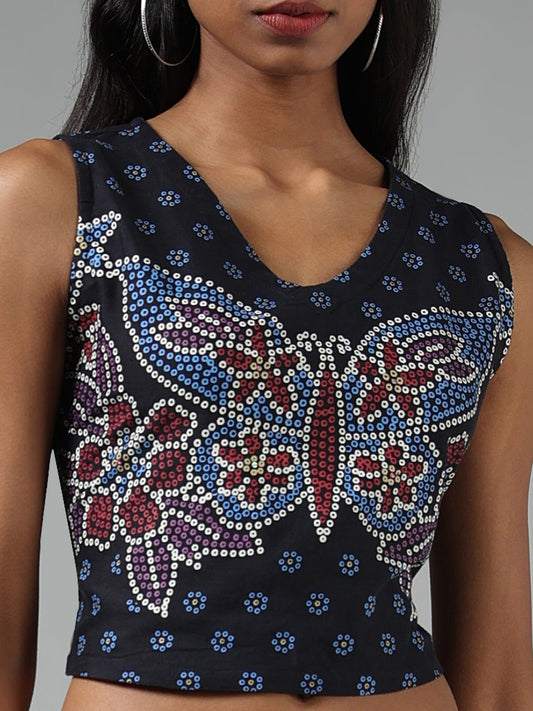 Bombay Paisley Butterfly Printed Black Crop Top