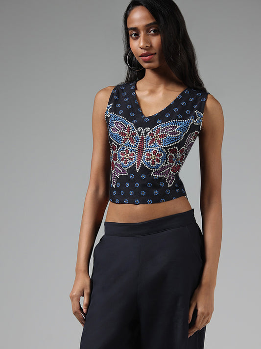 Bombay Paisley Butterfly Printed Black Crop Top
