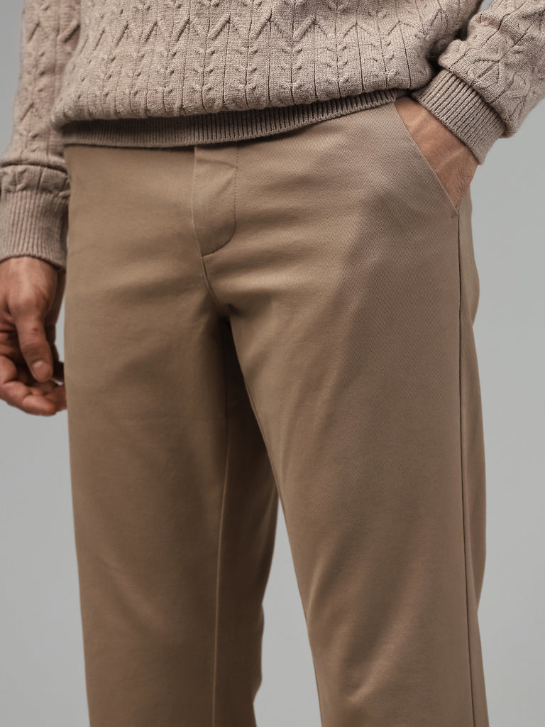 Ascot Solid Beige Relaxed-Fit Mid-Rise Chinos