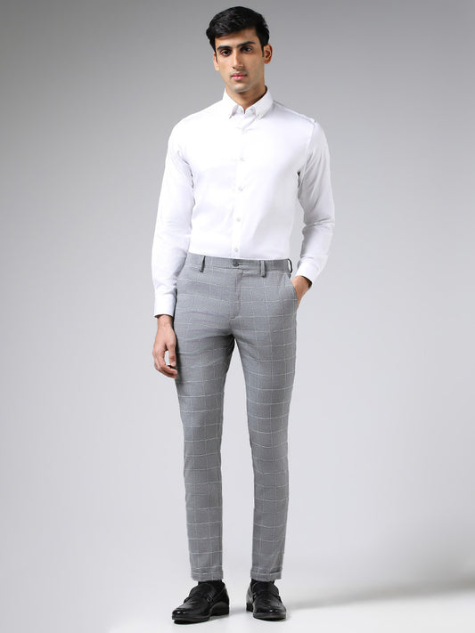 WES Formals Grey Graph Checked Slim-Fit Mid-Rise Trousers