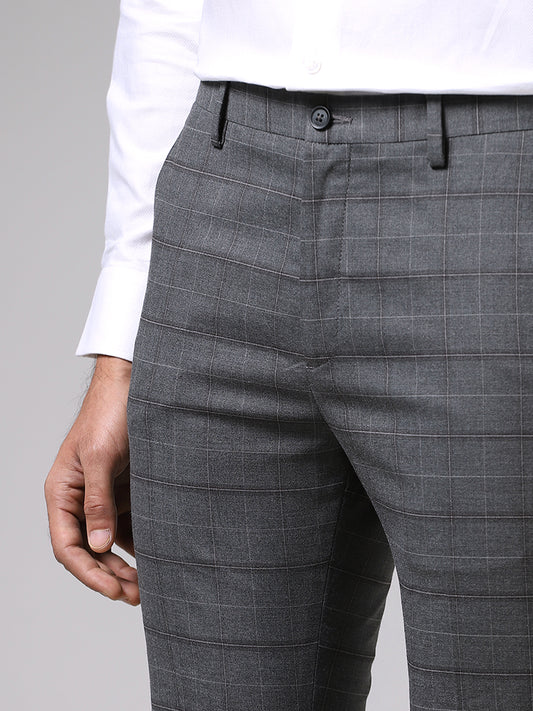 WES Formals Charcoal Grey Checked Ultra Slim Fit Trousers