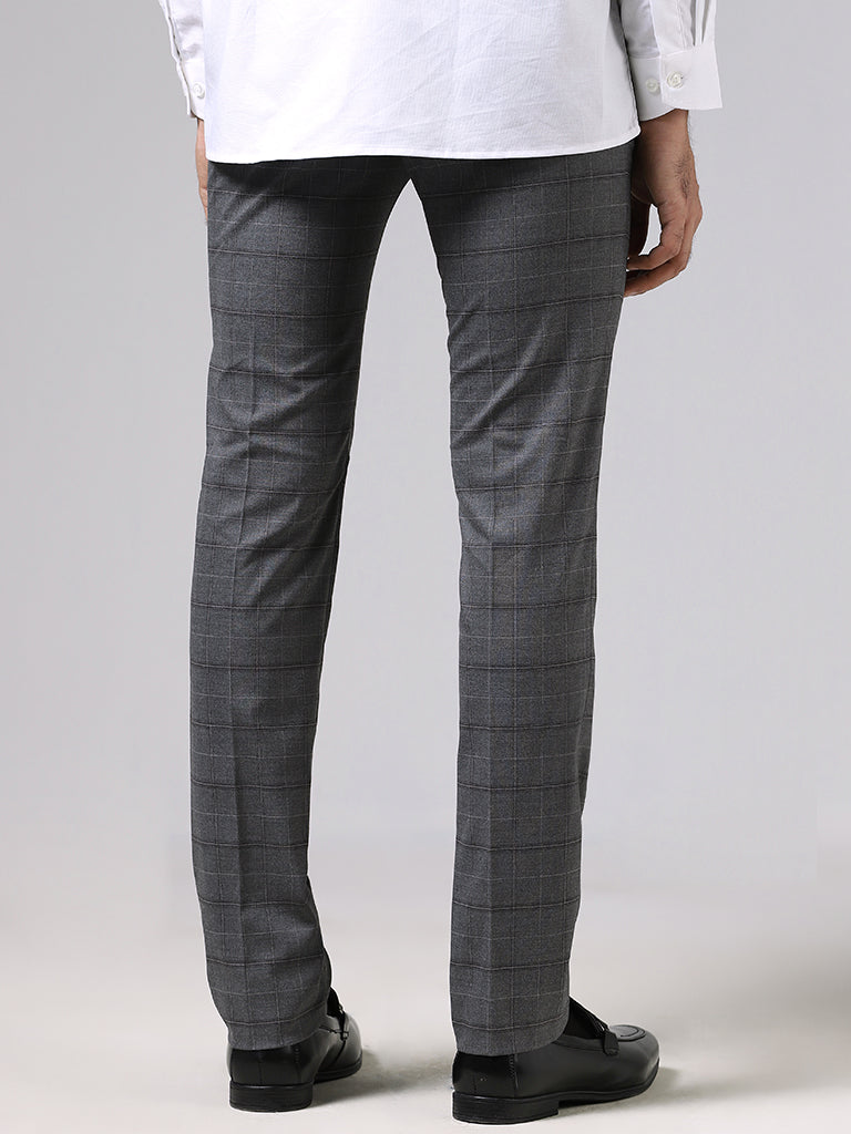 WES Formals Charcoal Grey Checked Ultra Slim Fit Trousers
