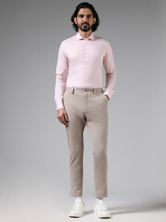 WES Formals Solid Beige Slim Tapered Fit Trousers