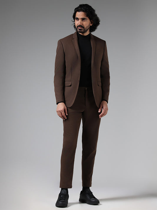 WES Formals Solid Dark Brown Slim Tapered Fit Trousers
