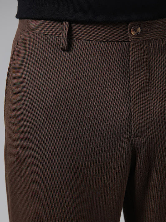 WES Formals Solid Dark Brown Slim-Fit Mid-Rise Trousers