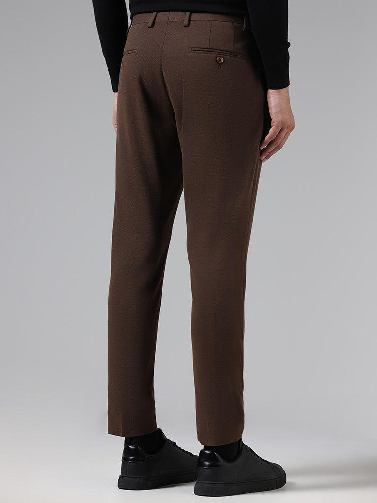 WES Formals Solid Dark Brown Slim-Fit Mid-Rise Trousers