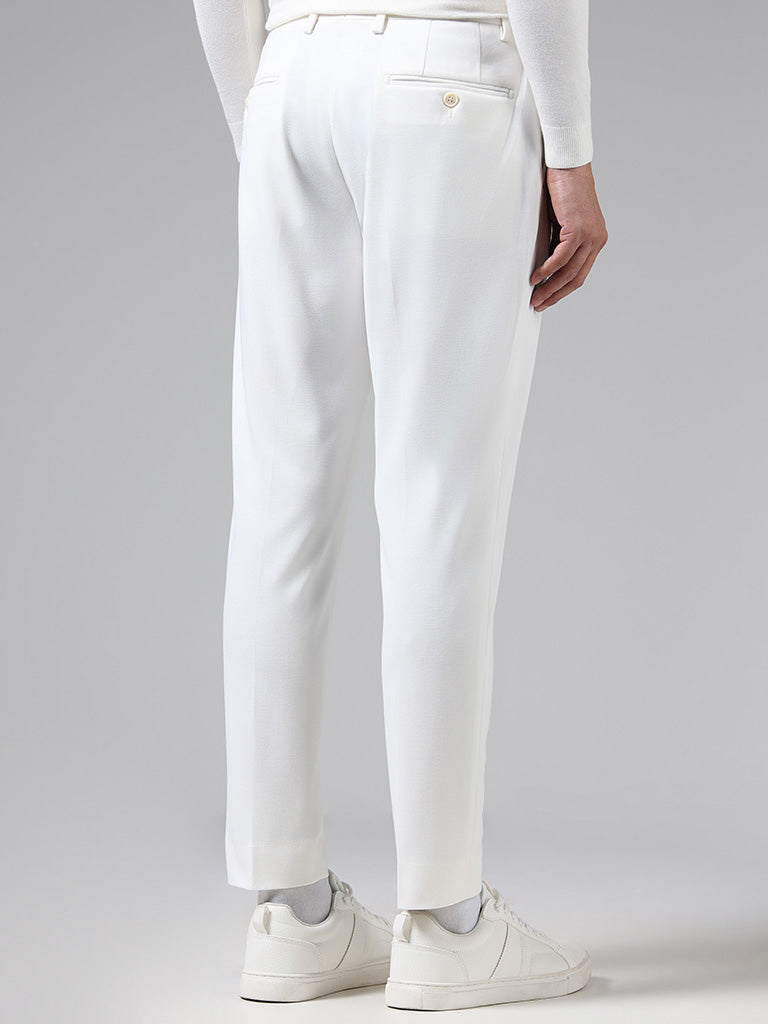 WES Formals Solid Off White Slim Tapered Fit Trousers
