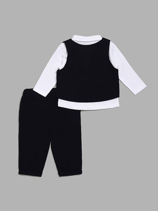 HOP Baby Solid White Shirt with Black Jacket, Pants & Bow Set