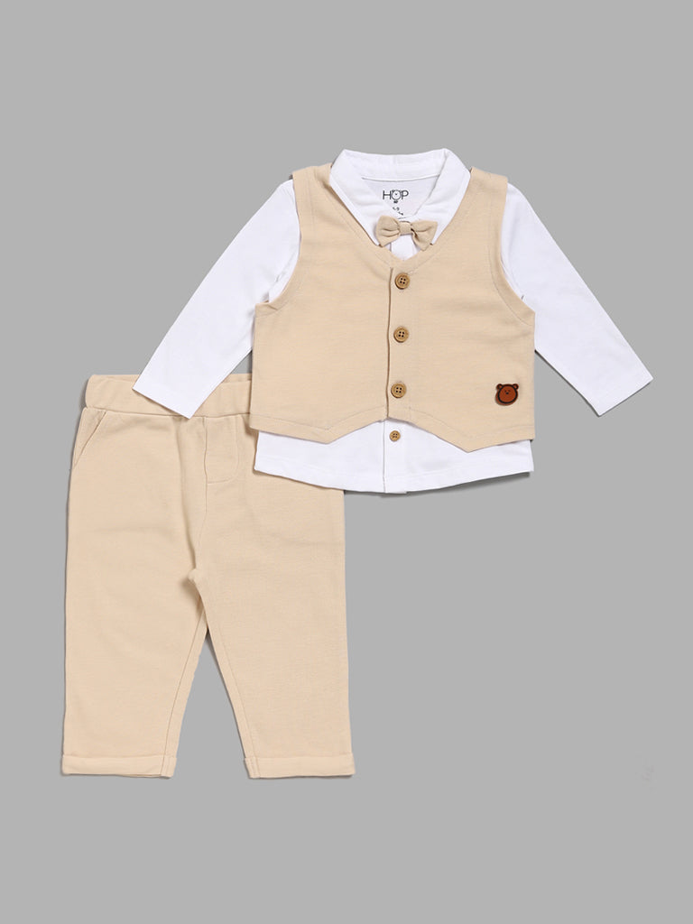 HOP Baby White Shirt with Light Beige Jacket, Pants & Bow Set