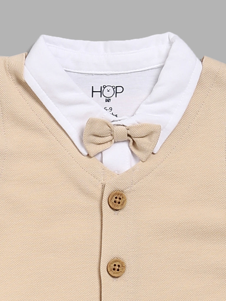 HOP Baby White Shirt with Light Beige Jacket, Pants & Bow Set