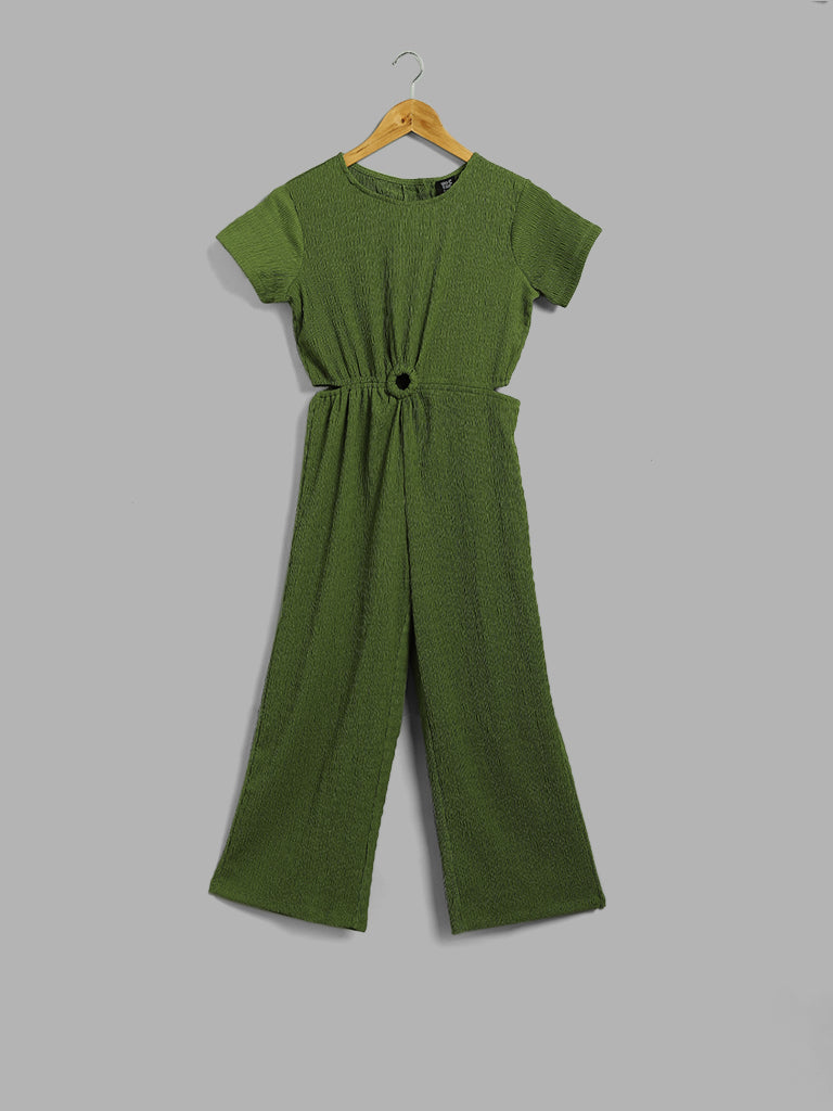 Y&F Kids Green Crinkle Side Cut - Out Jumpsuit