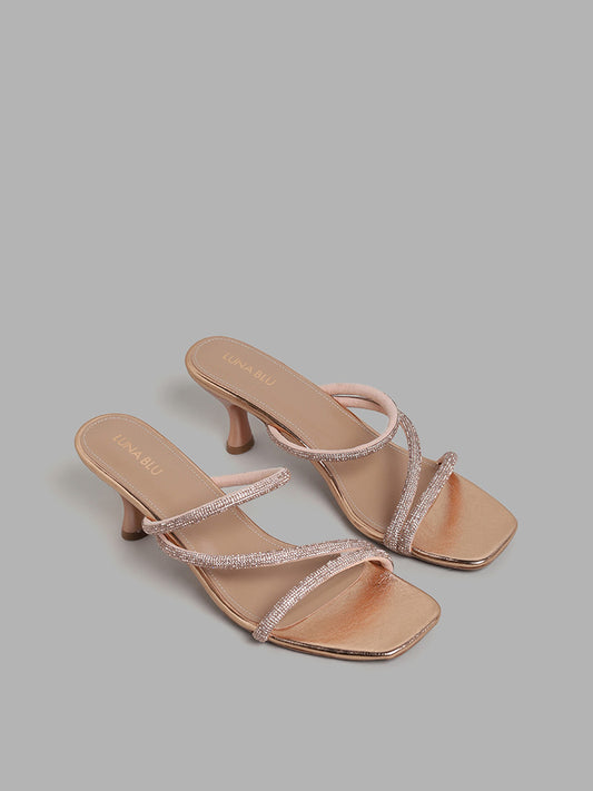 LUNA BLU Rose Gold Three Band Embellished Heel Sandals