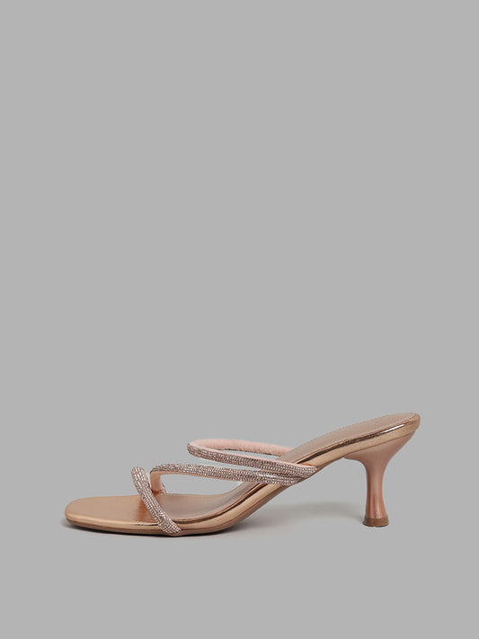 LUNA BLU Rose Gold Three Band Embellished Heel Sandals