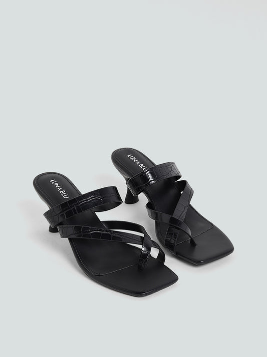 LUNA BLU Black Multistrap Toe Ring Heel Sandals