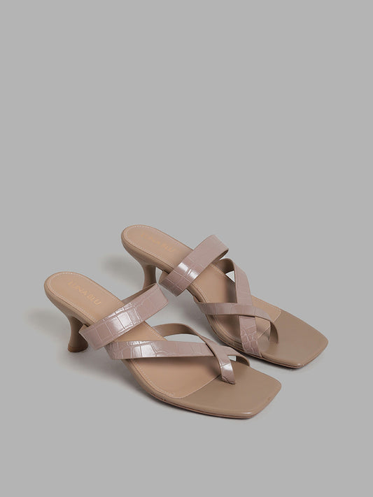 LUNA BLU Taupe Three Band Toe Ring Heel Sandals