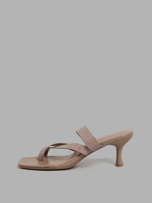 LUNA BLU Taupe Three Band Toe Ring Heel Sandals