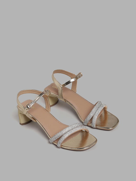 LUNA BLU Gold Band Embellished Heel Sandals