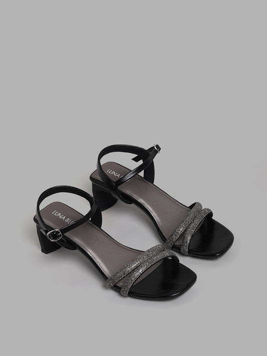 LUNA BLU Black Dual Band Embellished Heel Sandals