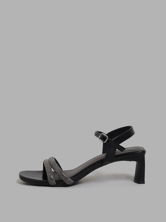 LUNA BLU Black Dual Band Embellished Heel Sandals