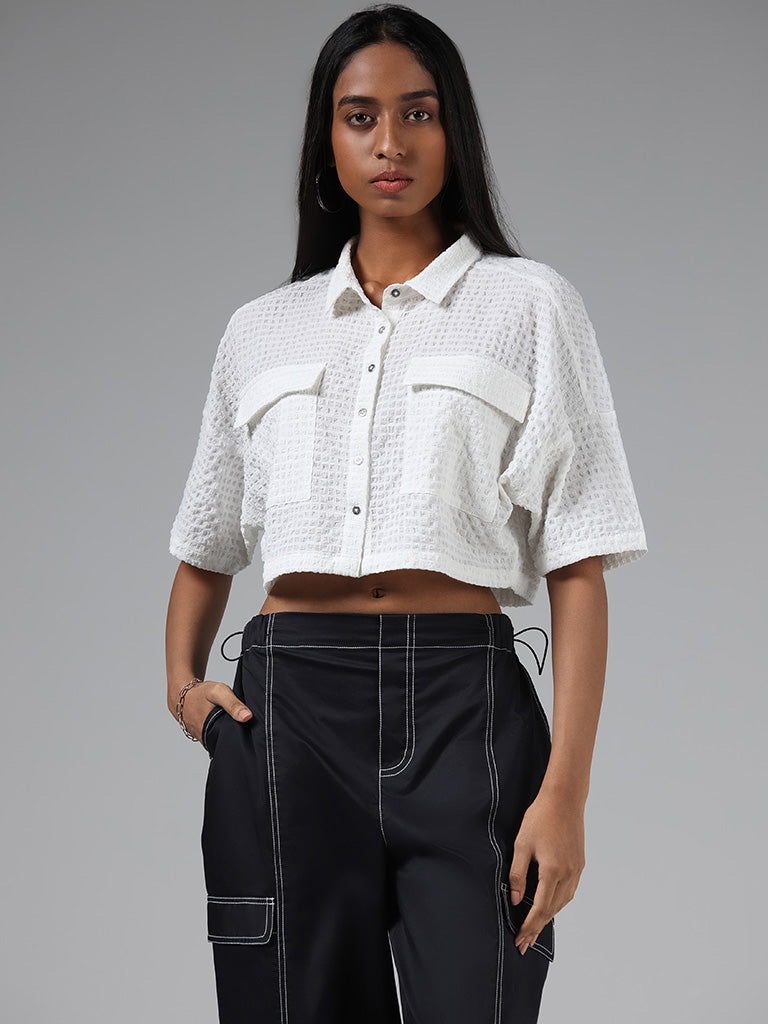 Nuon White Self Textured Crop Shirt