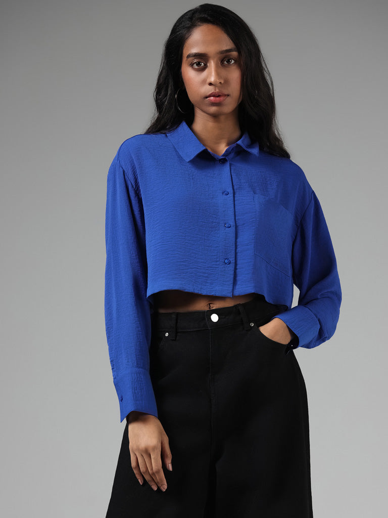 Nuon Solid Cobalt Blue Crop Shirt