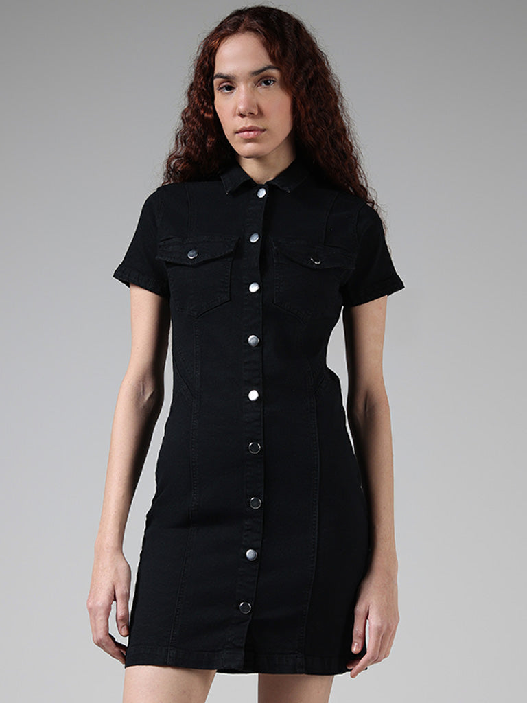 Black button down denim clearance dress