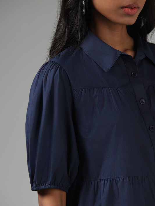Nuon Solid Navy Blue Tiered Shirt Dress