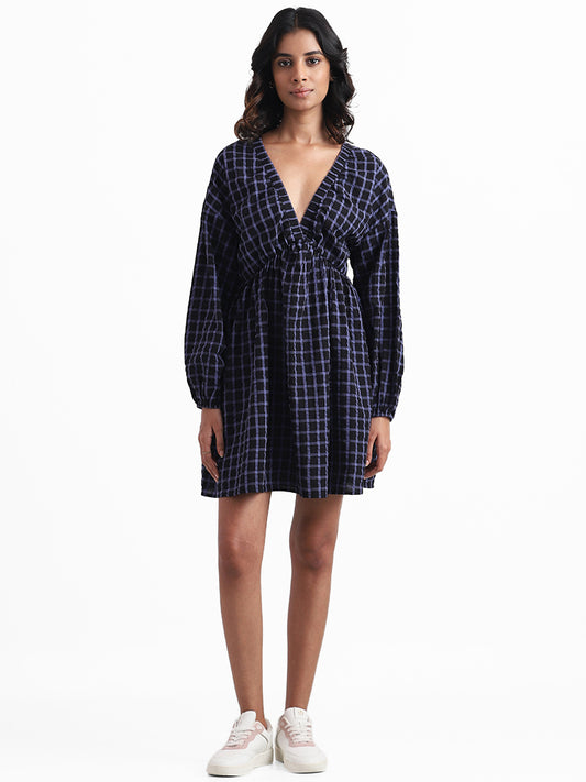 Nuon Dark Blue Checked Fit and Flare Dress