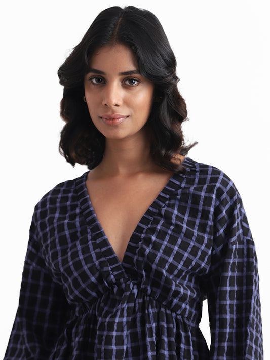 Nuon Dark Blue Checked Fit and Flare Dress