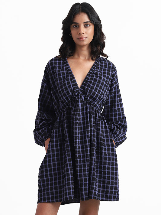 Nuon Dark Blue Checked Fit and Flare Dress