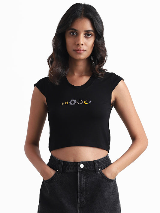 Nuon Black Graphic Printed Crop T-Shirt