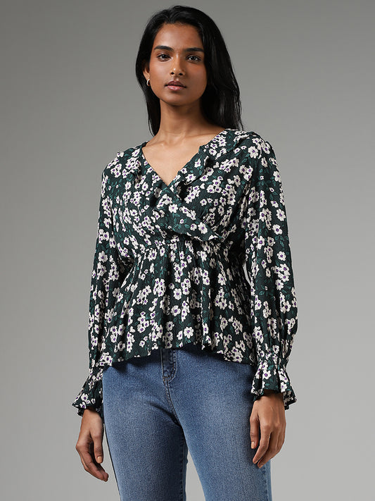 LOV Forest Green Floral Printed Gathered Top