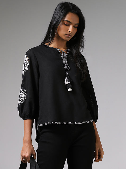 LOV Black Floral Embroidery Top