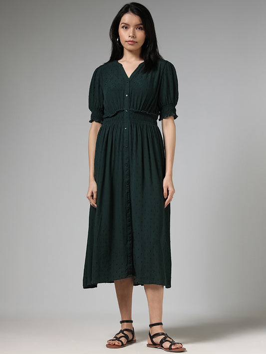 LOV Forest Green Self-Textured Buttoned-Down Dress