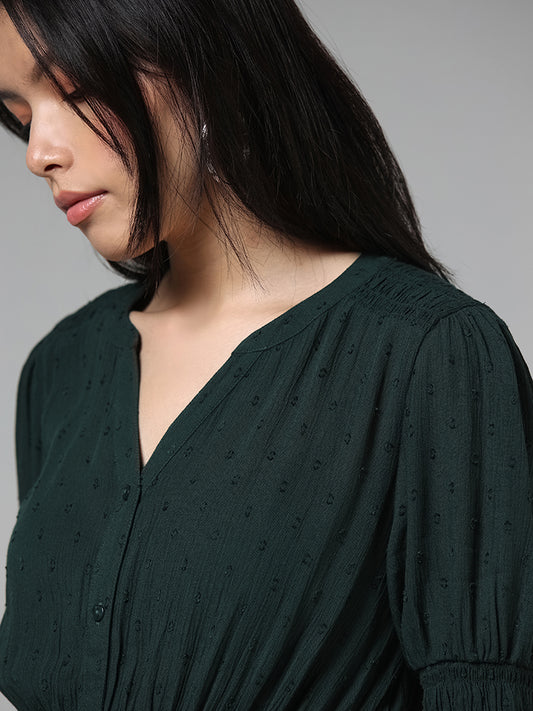 LOV Forest Green Self-Textured Buttoned-Down Dress