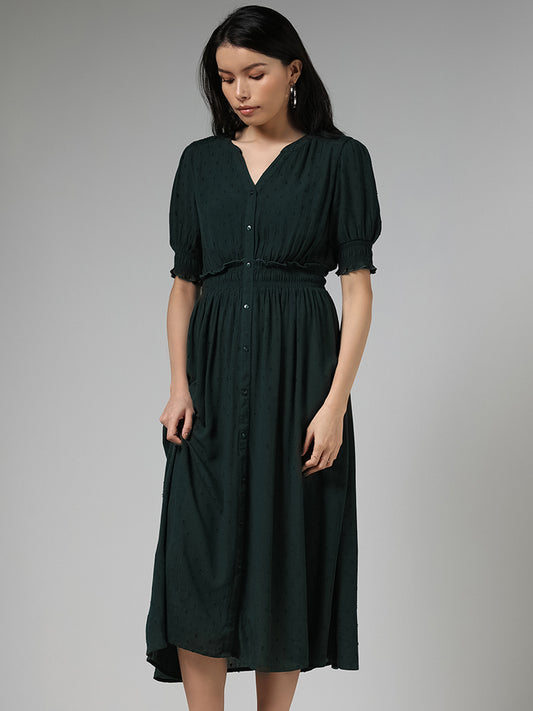 LOV Forest Green Self-Textured Buttoned-Down Dress