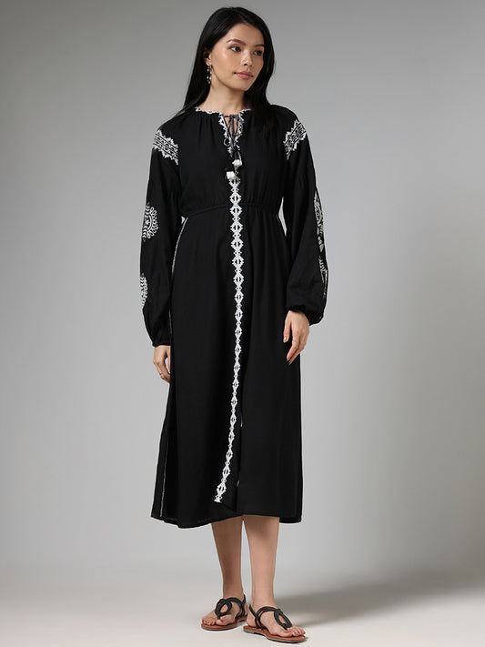 LOV Black Embroidered Pleated Dress
