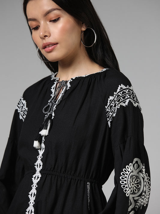 LOV Black Embroidered Pleated Dress