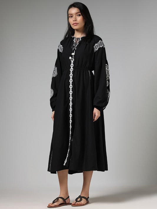 LOV Black Embroidered Pleated Dress