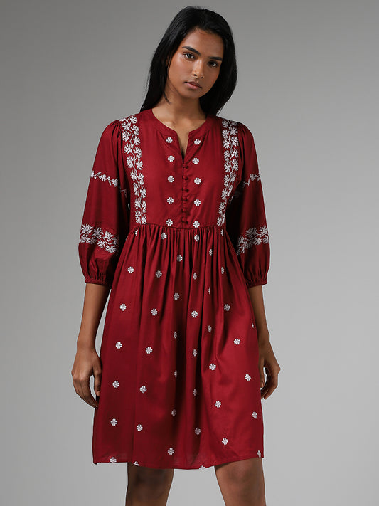 LOV Burgundy Embroidered Gathered Dress