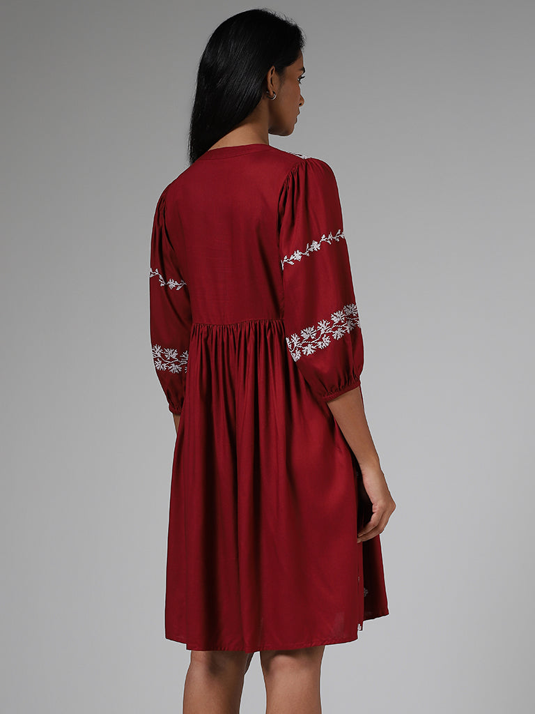 LOV Burgundy Embroidered Gathered Dress