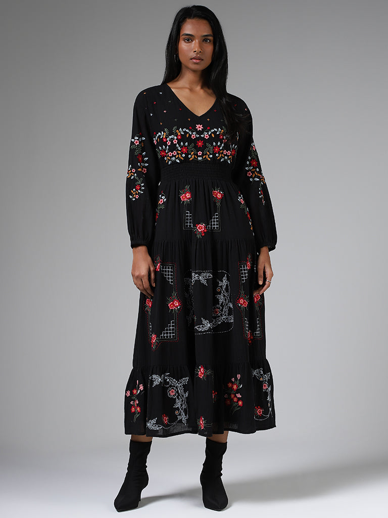 LOV Black Floral Embroidered Tiered Dress