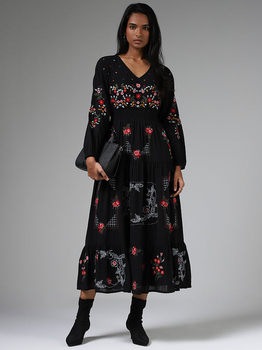 LOV Black Floral Embroidered Tiered Dress